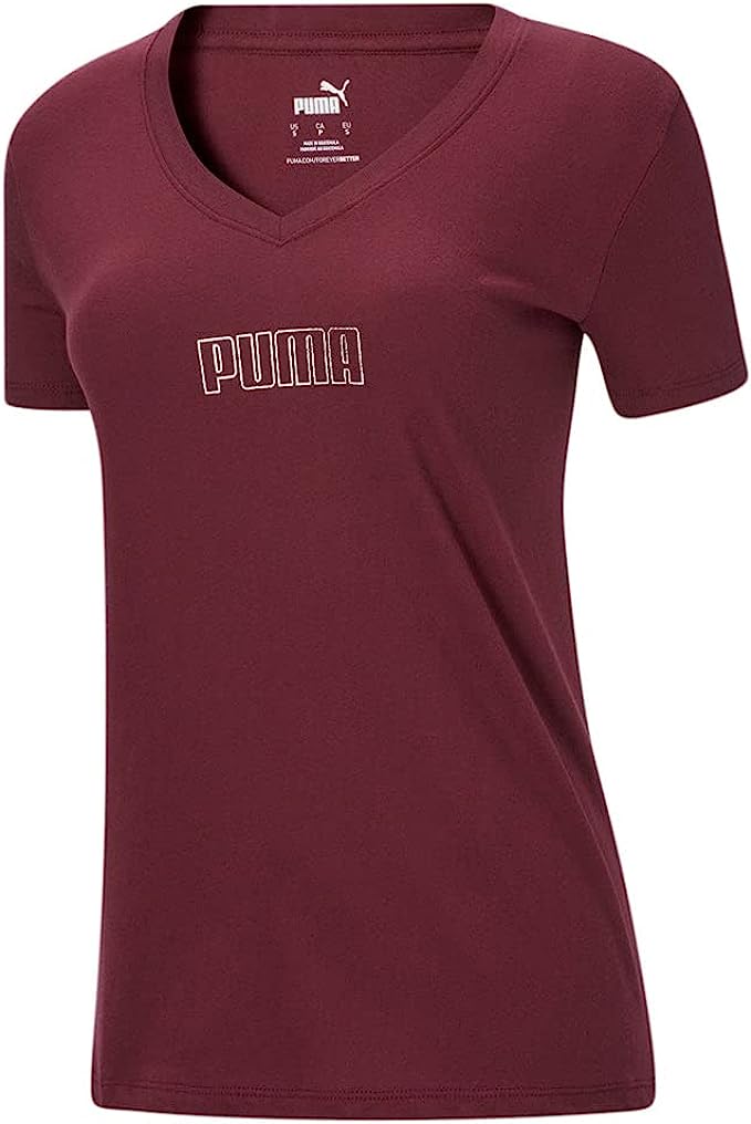 Puma Women's Modern Basics Logo V Neck Short Sleeve Burgundy