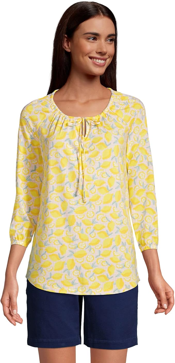 Lands' End Womens 3Q Sleeve Bright Sun Yellow Lemon Check Shirt