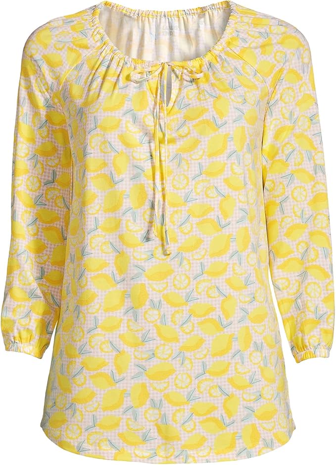 Lands' End Womens 3Q Sleeve Bright Sun Yellow Lemon Check Shirt