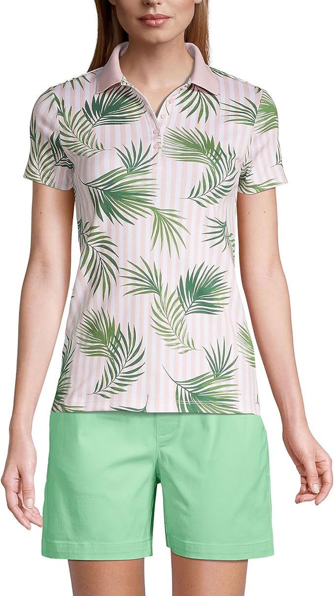 Lands' End Women's Short Sleeve Supima Polo White/pink Striped Palm