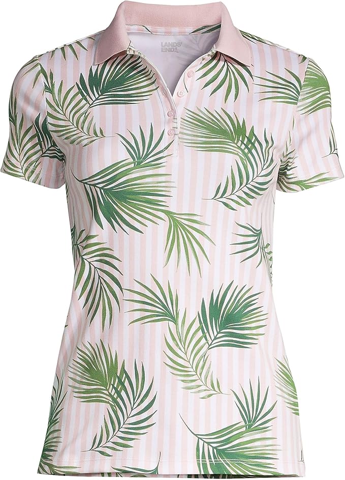 Lands' End Women's Short Sleeve Supima Polo White/pink Striped Palm