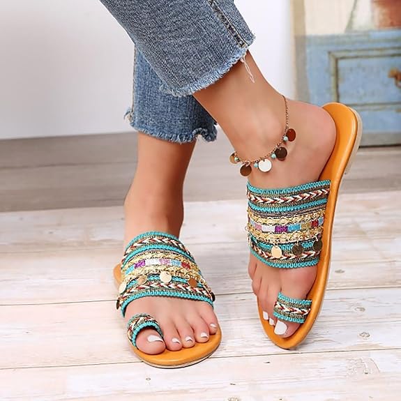 Sandalias de mujer, estilo bohemio, estilo playero, planas, para exteriores, con lentejuelas y tacón plano