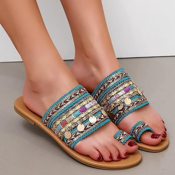 Sandalias de mujer, estilo bohemio, estilo playero, planas, para exteriores, con lentejuelas y tacón plano