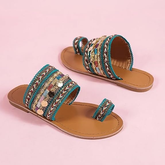 Women's Sandals Boho Bohemia Beach Flat Sandals Outdoor Slippers Sequin Flat Heel