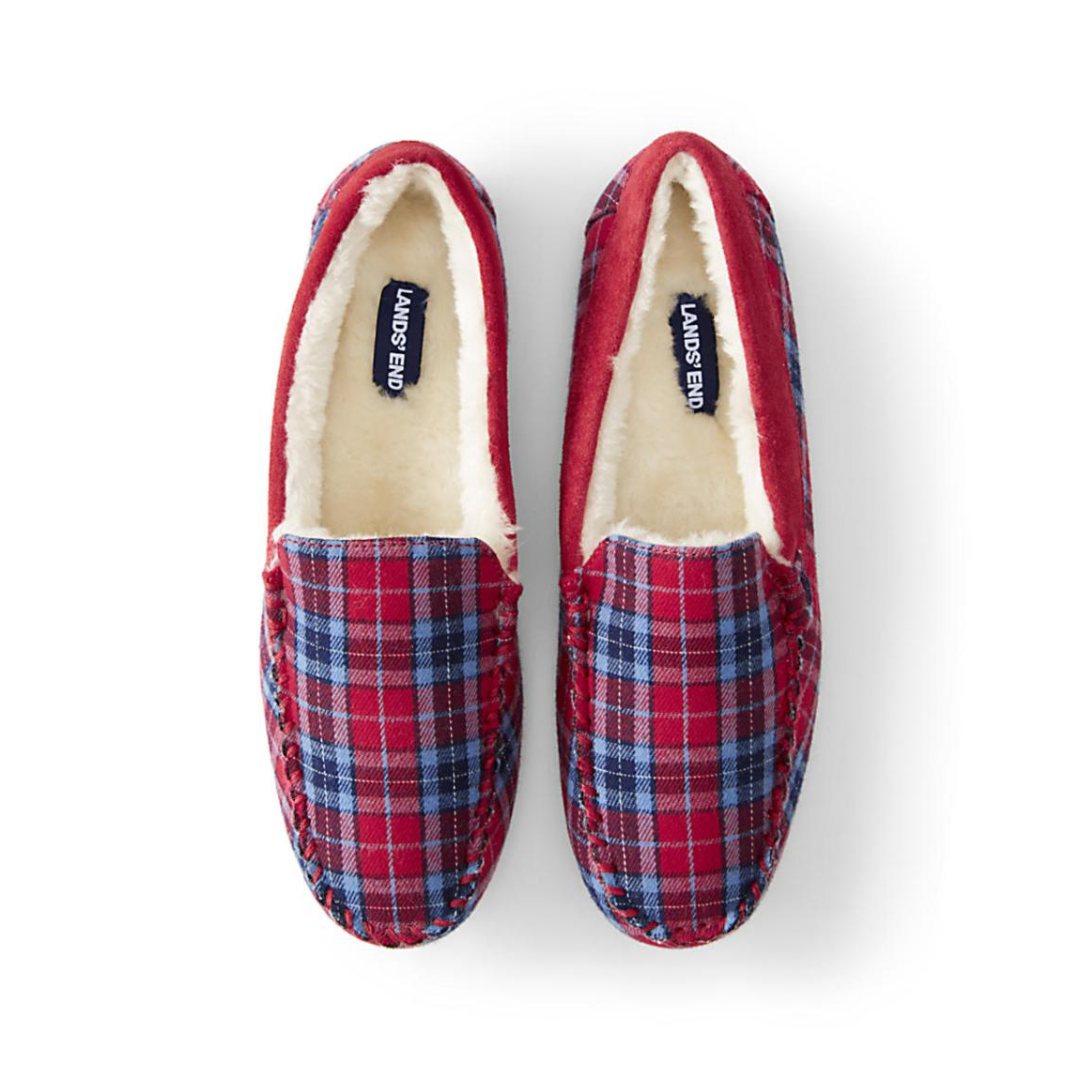 Lands' End Women's Plaid Moccasin Slipper Rich Red Plaid