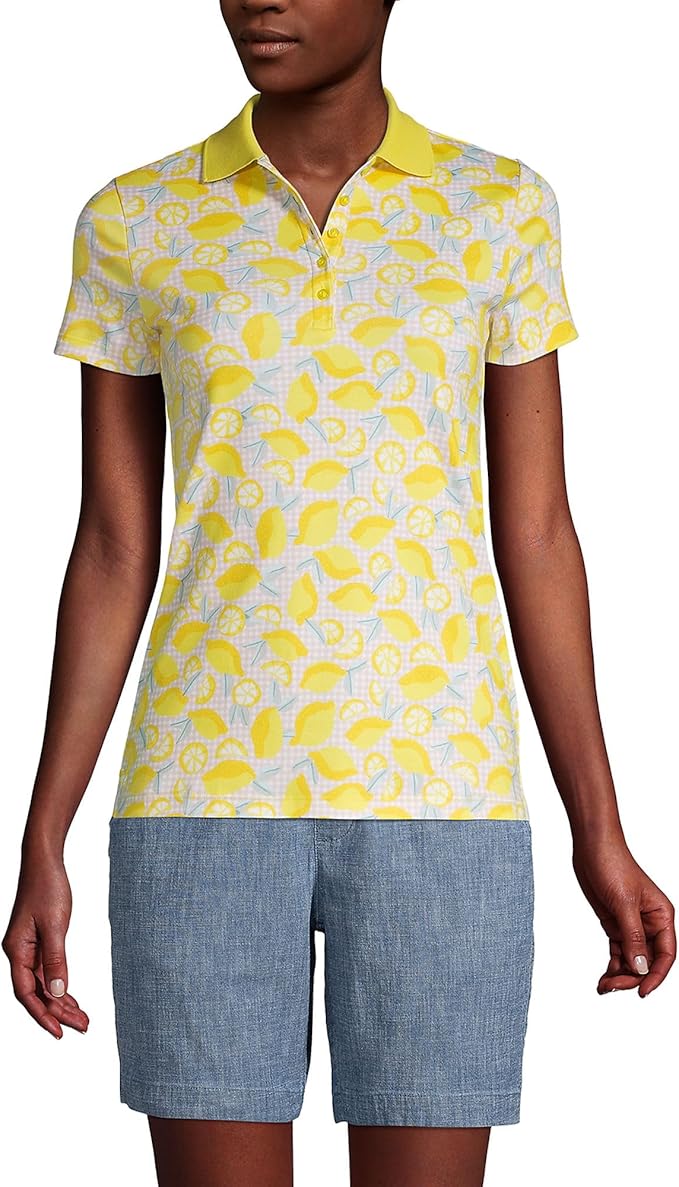 Lands' End Women's Short Sleeve Supima Polo Bright Sun Yellow Lemon Check