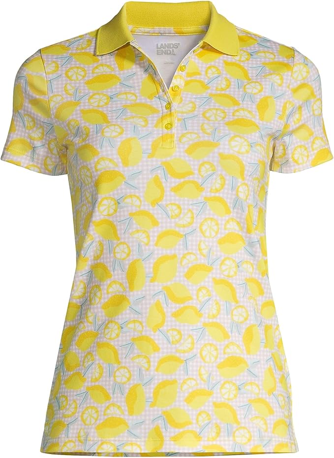 Lands' End Women's Short Sleeve Supima Polo Bright Sun Yellow Lemon Check