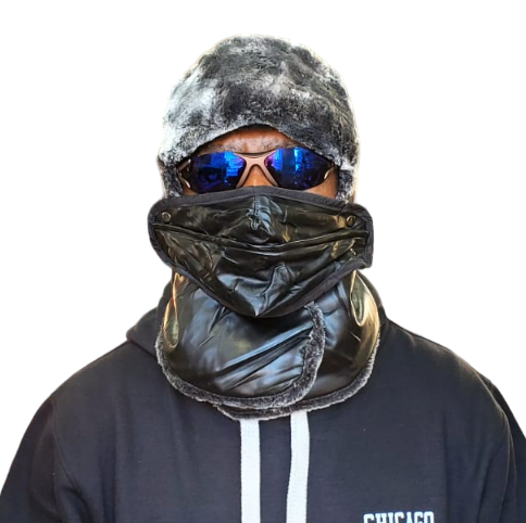 Warm PU Trooper Hat with Mask & Waterproof Neck Trapper - Black