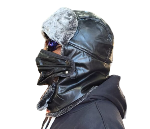 Warm PU Trooper Hat with Mask & Waterproof Neck Trapper - Black