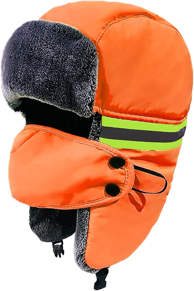 Reflective Trapper Hat Blaze Orange Ski Cap with Ear Flaps Mask