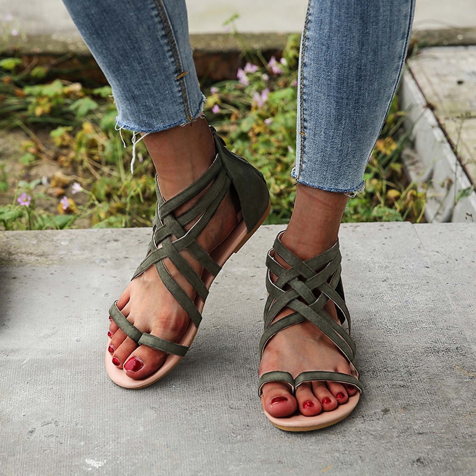 Women Summer Sandals Dark Green Loop Toe Shoes