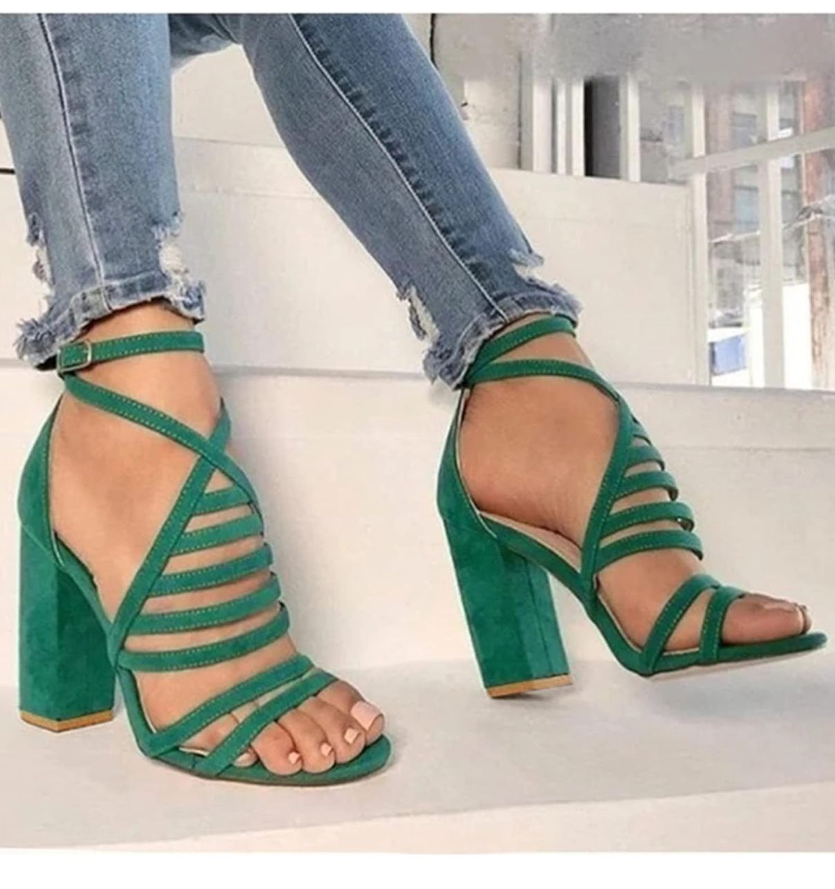 Women High Heels Green Cage Front Pump