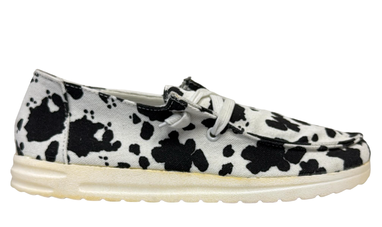 White Cow Print Slip-On Shoes