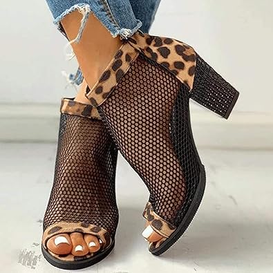 Women's Ankle Mesh Peep Toe Chunky Block High Heels