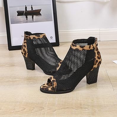 Women's Ankle Mesh Peep Toe Chunky Block High Heels