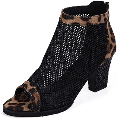 Women's Ankle Mesh Peep Toe Chunky Block High Heels