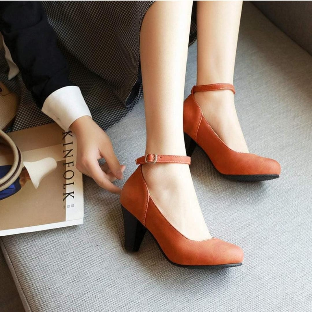 Women's Ankle Strap Orange Block Heels