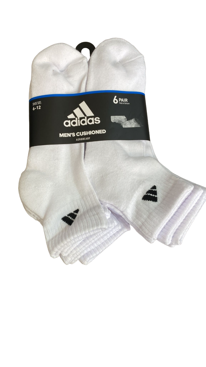 Adidas Men's Cushioned Quarter Socks 6 Pair Shoe Size 6-12 White