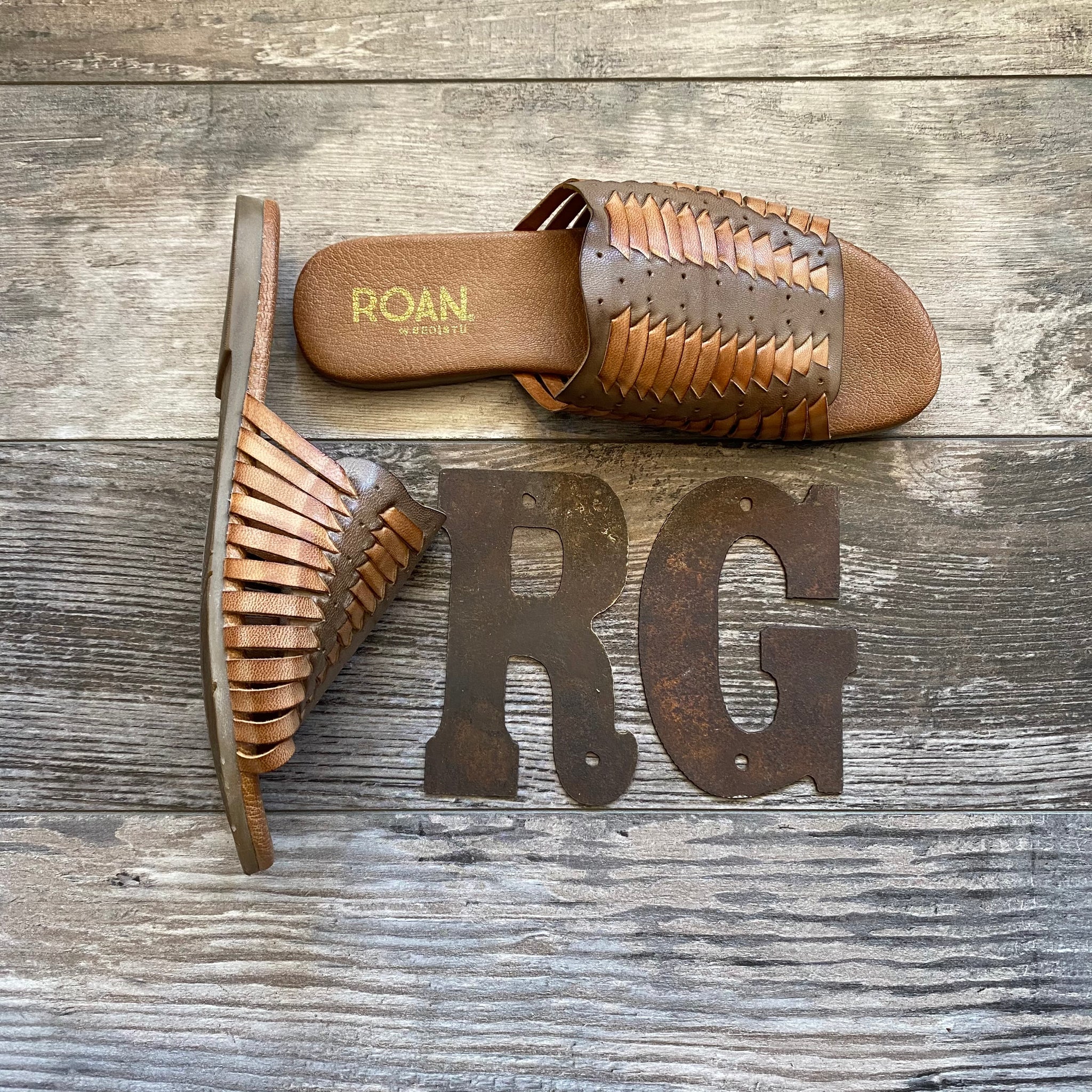 Roan Almond Brown & Taupe Woven Accent Chastity Leather Sandal